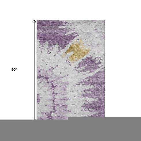 5' X 8' Purple Gold And Ivory Abstract Washable Area Rug With UV Protection