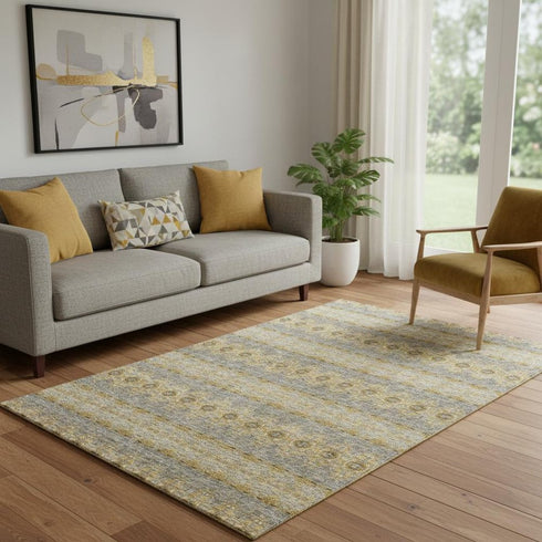 5' X 8' Gold Blue And Ivory Floral Medallion Washable Area Rug With UV Protection
