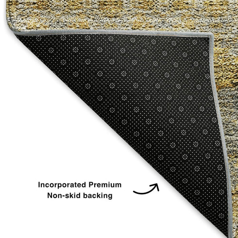 5' X 8' Gold Blue And Ivory Floral Medallion Washable Area Rug With UV Protection