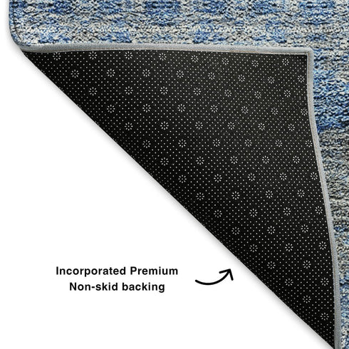 10' X 14' Navy Blue Gray And Ivory Floral Medallion Washable Area Rug With UV Protection