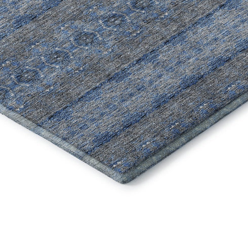 10' X 14' Navy Blue Gray And Ivory Floral Medallion Washable Area Rug With UV Protection