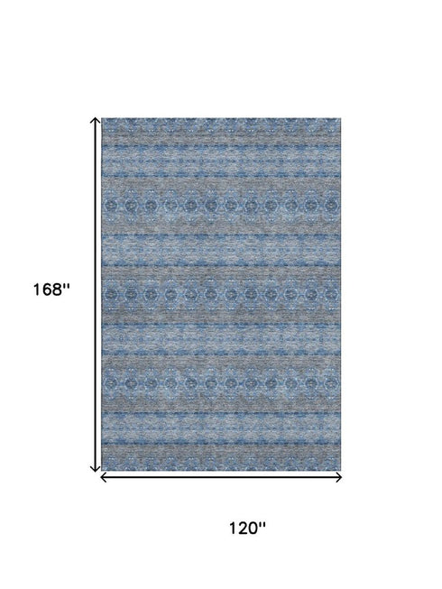10' X 14' Navy Blue Gray And Ivory Floral Medallion Washable Area Rug With UV Protection