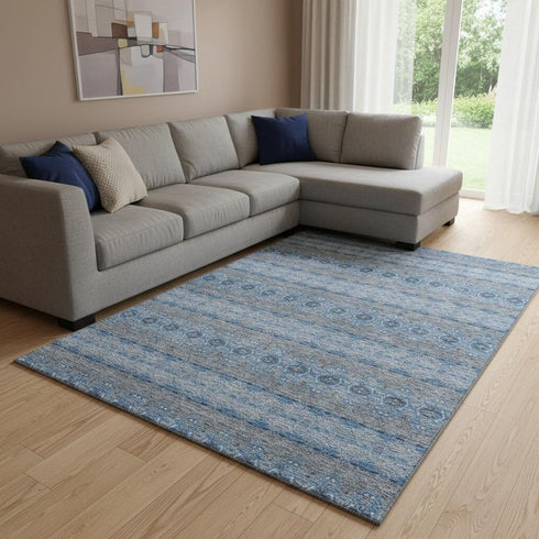 10' X 14' Navy Blue Gray And Ivory Floral Medallion Washable Area Rug With UV Protection