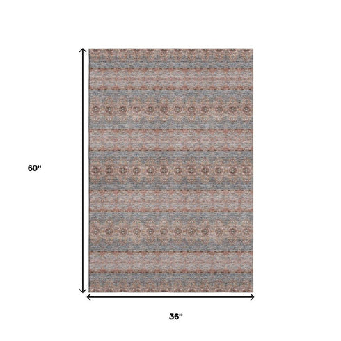 3' X 5' Chili Red Gray And Ivory Floral Medallion Washable Area Rug With UV Protection