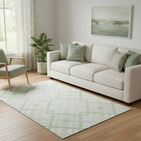 5' X 8' Mint Green And Ivory Geometric Washable Area Rug With UV Protection
