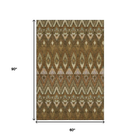 5' X 8' Brown Sage And Beige Southwestern Washable Area Rug With UV Protection