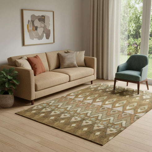 5' X 8' Brown Sage And Beige Southwestern Washable Area Rug With UV Protection