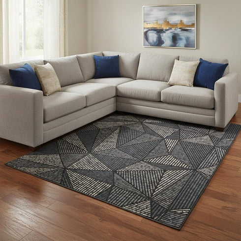 8' X 10' Black And Ivory Geometric Washable Area Rug With UV Protection