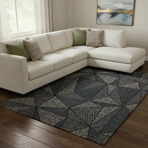 9' X 12' Black And Ivory Geometric Washable Area Rug With UV Protection