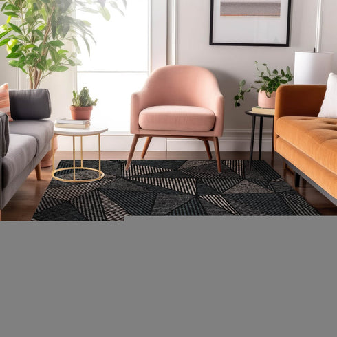 9' X 12' Black And Ivory Geometric Washable Area Rug With UV Protection