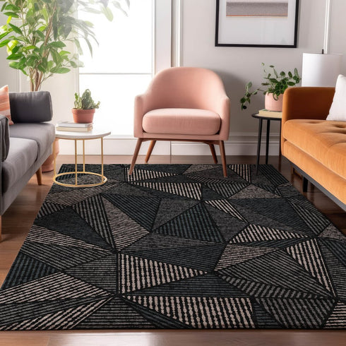 9' X 12' Black And Ivory Geometric Washable Area Rug With UV Protection