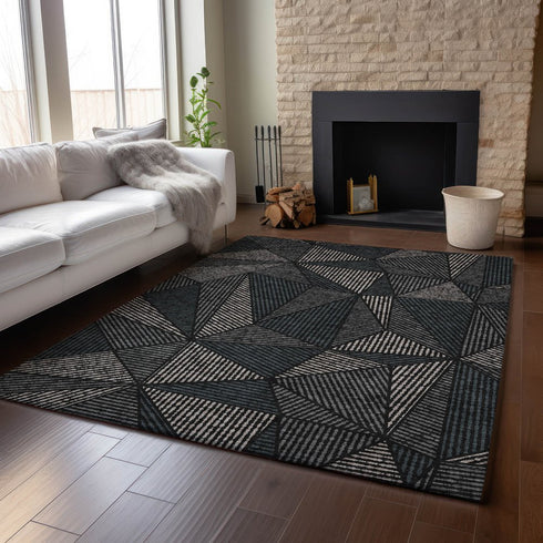 9' X 12' Black And Ivory Geometric Washable Area Rug With UV Protection