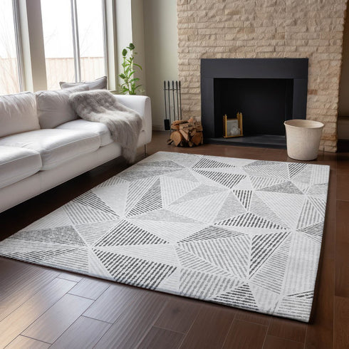 8' X 10' Gray And Silver Geometric Washable Area Rug With UV Protection