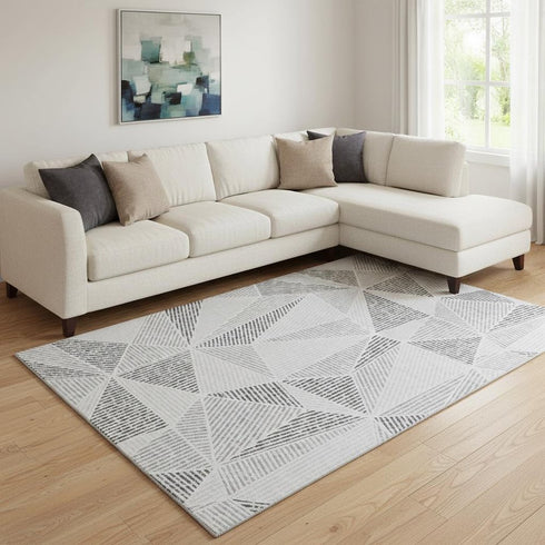 9' X 12' Gray And Silver Geometric Washable Area Rug With UV Protection