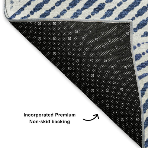8' X 10' Navy Blue And Ivory Geometric Washable Area Rug With UV Protection