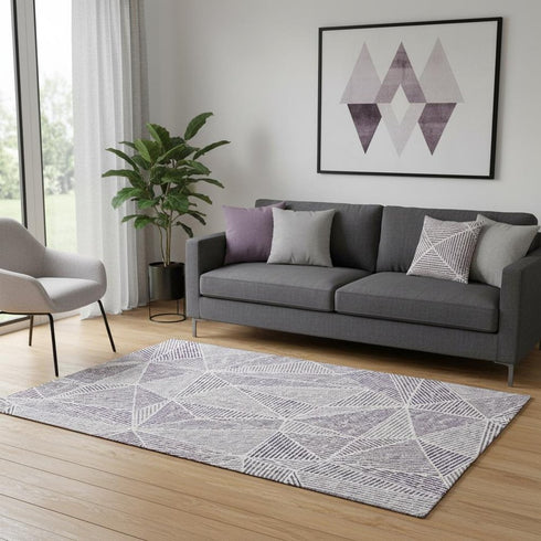 5' X 8' Purple And Silver Geometric Washable Area Rug With UV Protection