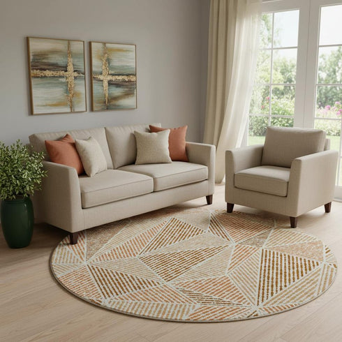 8' Terra Cotta And Beige Geometric Washable Round Rug With UV Protection