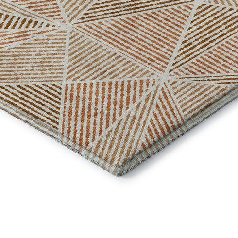 8' Terra Cotta And Beige Geometric Washable Round Rug With UV Protection