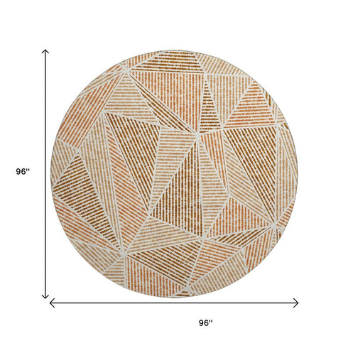 8' Terra Cotta And Beige Geometric Washable Round Rug With UV Protection