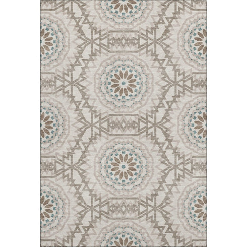 5' X 8' Beige Teal And Brown Geometric Washable Area Rug With UV Protection