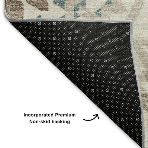 5' X 8' Beige Teal And Brown Geometric Washable Area Rug With UV Protection