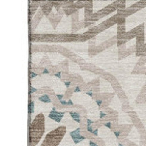 5' X 8' Beige Teal And Brown Geometric Washable Area Rug With UV Protection