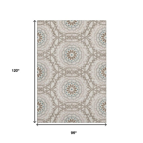 8' X 10' Beige Teal And Brown Geometric Washable Area Rug With UV Protection