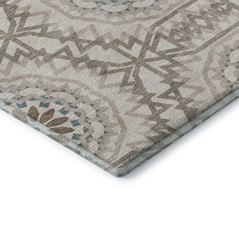 8' X 10' Beige Teal And Brown Geometric Washable Area Rug With UV Protection