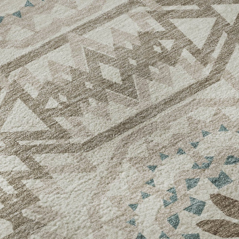 8' X 10' Beige Teal And Brown Geometric Washable Area Rug With UV Protection