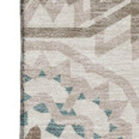 8' X 10' Beige Teal And Brown Geometric Washable Area Rug With UV Protection