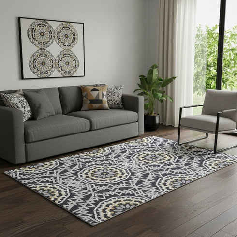 5' X 8' Black Ivory And Gold Geometric Washable Area Rug With UV Protection