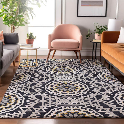 9' X 12' Black Ivory And Gold Geometric Washable Area Rug With UV Protection