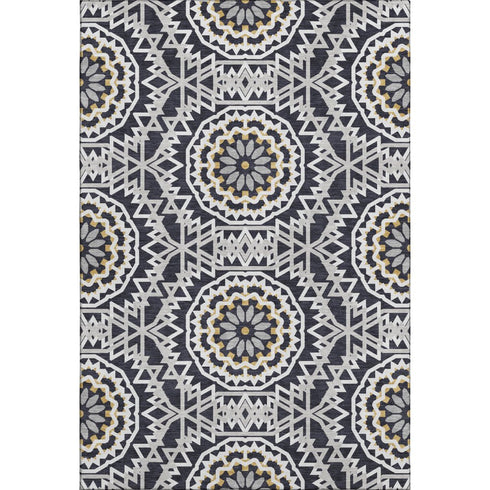 9' X 12' Black Ivory And Gold Geometric Washable Area Rug With UV Protection
