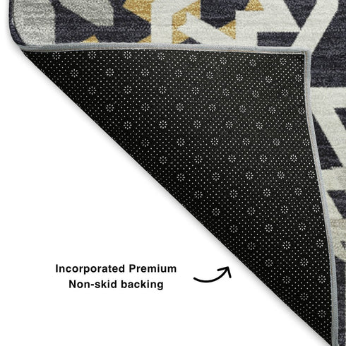 9' X 12' Black Ivory And Gold Geometric Washable Area Rug With UV Protection