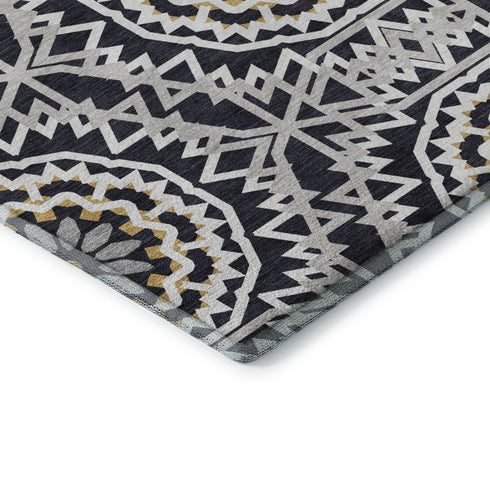 9' X 12' Black Ivory And Gold Geometric Washable Area Rug With UV Protection