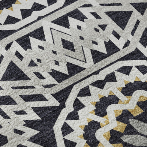 9' X 12' Black Ivory And Gold Geometric Washable Area Rug With UV Protection