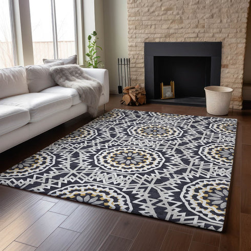 9' X 12' Black Ivory And Gold Geometric Washable Area Rug With UV Protection