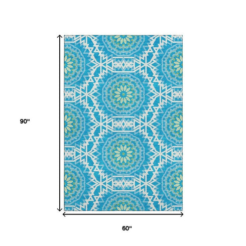 5' X 8' Blue Ivory And Olive Green Geometric Washable Area Rug With UV Protection