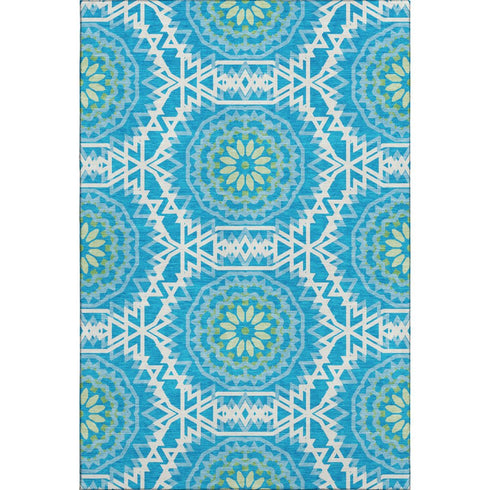 5' X 8' Blue Ivory And Olive Green Geometric Washable Area Rug With UV Protection