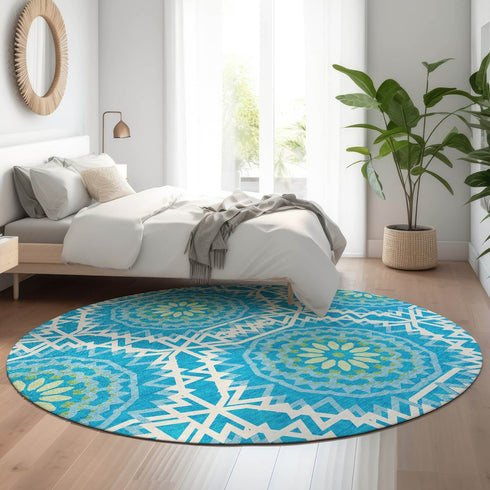 8' Blue Ivory And Olive Green Geometric Washable Round Rug With UV Protection