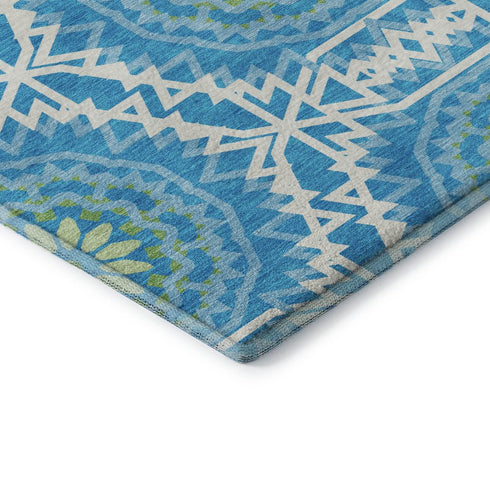 8' Blue Ivory And Olive Green Geometric Washable Round Rug With UV Protection