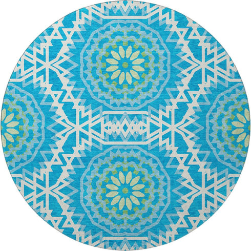 8' Blue Ivory And Olive Green Geometric Washable Round Rug With UV Protection