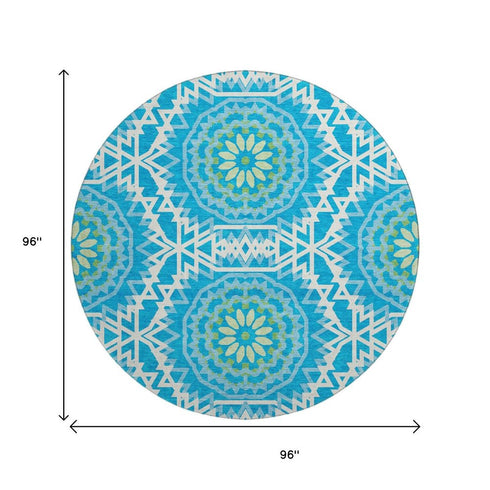 8' Blue Ivory And Olive Green Geometric Washable Round Rug With UV Protection