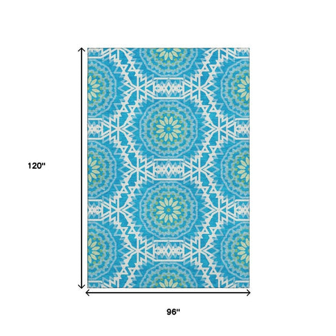 8' X 10' Blue Ivory And Olive Green Geometric Washable Area Rug With UV Protection