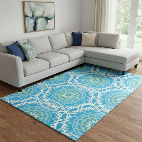 8' X 10' Blue Ivory And Olive Green Geometric Washable Area Rug With UV Protection
