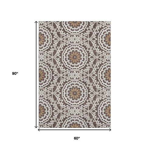 5' X 8' Chocolate And Ivory Geometric Washable Area Rug With UV Protection