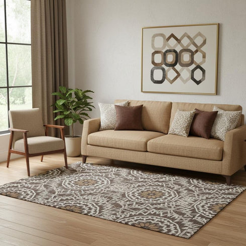 5' X 8' Chocolate And Ivory Geometric Washable Area Rug With UV Protection