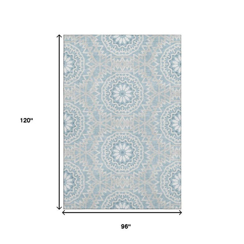 8' X 10' Denim Blue And Ivory Geometric Washable Area Rug With UV Protection