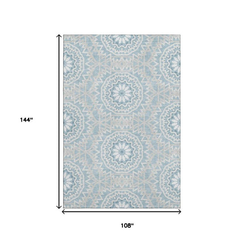 9' X 12' Denim Blue And Ivory Geometric Washable Area Rug With UV Protection