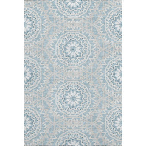 9' X 12' Denim Blue And Ivory Geometric Washable Area Rug With UV Protection